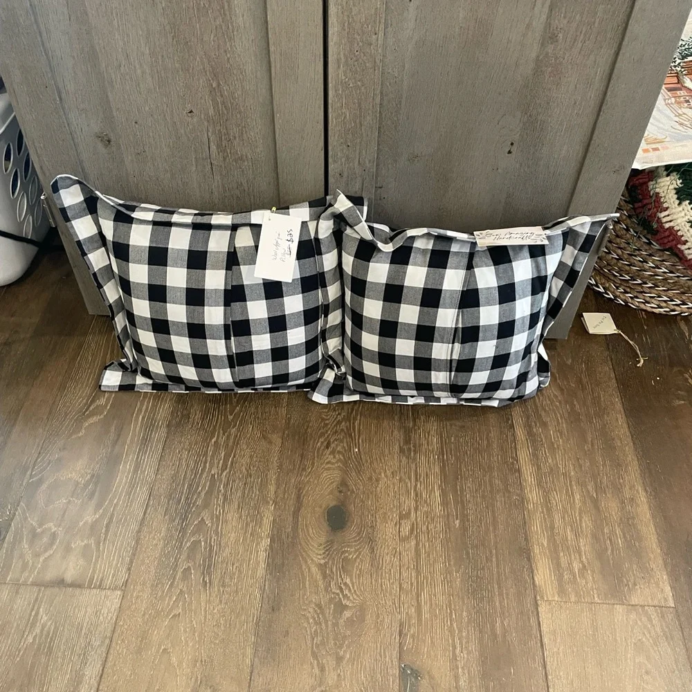 Black and White Buffalo Check wool appliqué Idaho Throw Pillows
